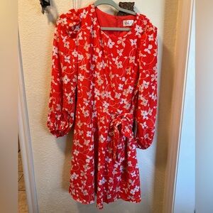 Eliza J Red Floral Tie-Waist Puff Sleeve Dress